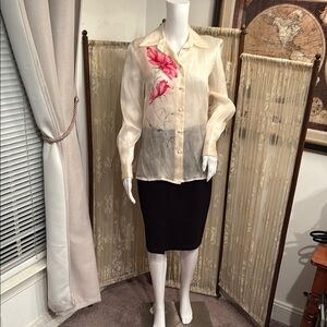 Elegant Cream Blouse with Pink Floral Design